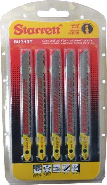 Starrett - 4" Long, 10 Teeth per Inch, Bi-Metal Jig Saw Blade - Toothed Edge, 5/16" Wide x 0.05" Thick, U-Shank, Ground Taper Tooth Set - Benchmark Tooling