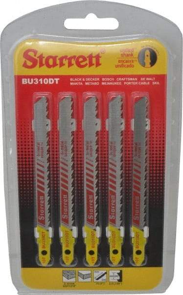 Starrett - 4" Long, 10 Teeth per Inch, Bi-Metal Jig Saw Blade - Toothed Edge, 5/16" Wide x 0.05" Thick, U-Shank, Ground Taper Tooth Set - Benchmark Tooling