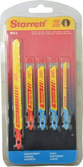 Starrett - 5 Piece, 3" to 5" Long, 10-14 to 32 Teeth per Inch, Bi-Metal Jig Saw Blade Set - Toothed Edge, 3/16" to 3/8" Wide, 0.04" to 0.04" Thick, U-Shank - Benchmark Tooling