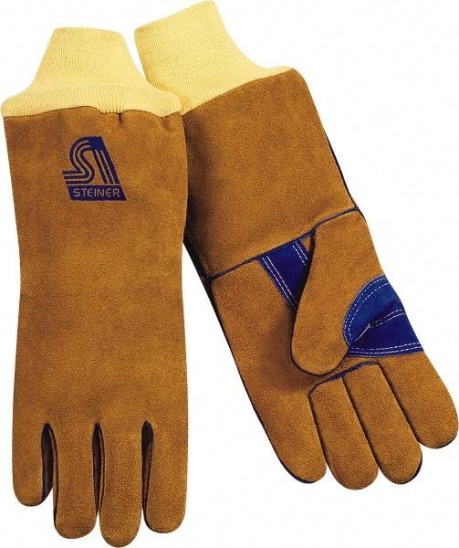 Steiner - Size L Cotton/Foam Lined Cowhide Welding Glove - 13-1/2" OAL, Knit Wrist Cuff, Wing Thumb, For General Welding - Benchmark Tooling