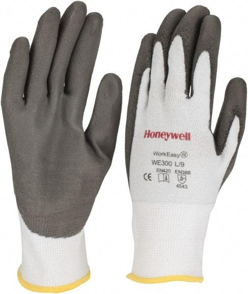 Honeywell - Size L (9), ANSI Cut Lvl 3, Abrasion Lvl 5, Polyurethane Coated Cut Resistant Gloves - 9.5" Long, Palm & Fingers Coated, HPPE Lining, Knit Wrist, Light Gray/Gray, Paired - Benchmark Tooling