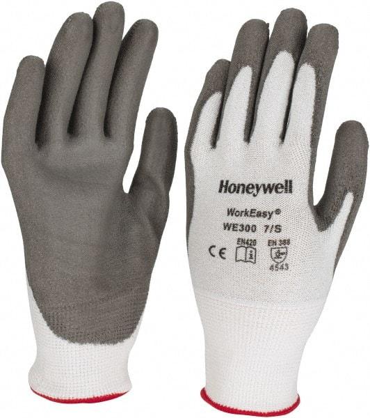 Honeywell - Size S (7), ANSI Cut Lvl 3, Abrasion Lvl 5, Polyurethane Coated Cut Resistant Gloves - 9.5" Long, Palm & Fingers Coated, HPPE Lining, Knit Wrist, Light Gray/Gray, Paired - Benchmark Tooling