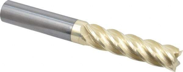 Accupro - 1/2", 2" LOC, 1/2" Shank Diam, 4" OAL, 5 Flute, Solid Carbide Square End Mill - Single End, ZrN Finish, Spiral Flute, 37° Helix, Centercutting, Right Hand Cut, Right Hand Flute - Benchmark Tooling