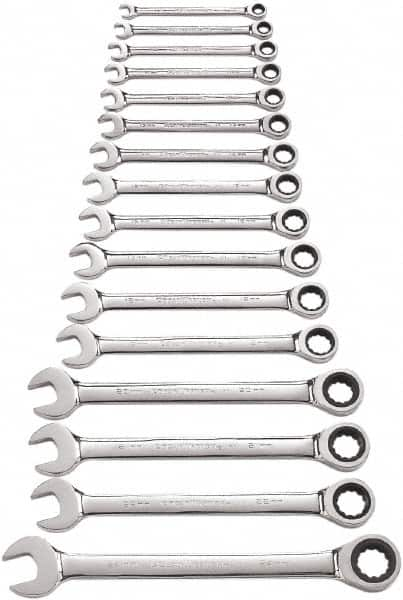 GearWrench - 16 Piece, 8mm to 24mm, 12 Point Combination Wrench Set - Metric Measurement Standard, Full Polish Chrome Finish - Benchmark Tooling