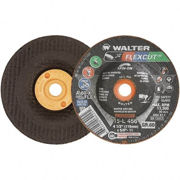 WALTER Surface Technologies - 4-1/2" Diam x 5/8" Hole, 60 Grit Surface Grinding Wheel - Aluminum Oxide, Medium Grade, 13,300 Max RPM - Benchmark Tooling
