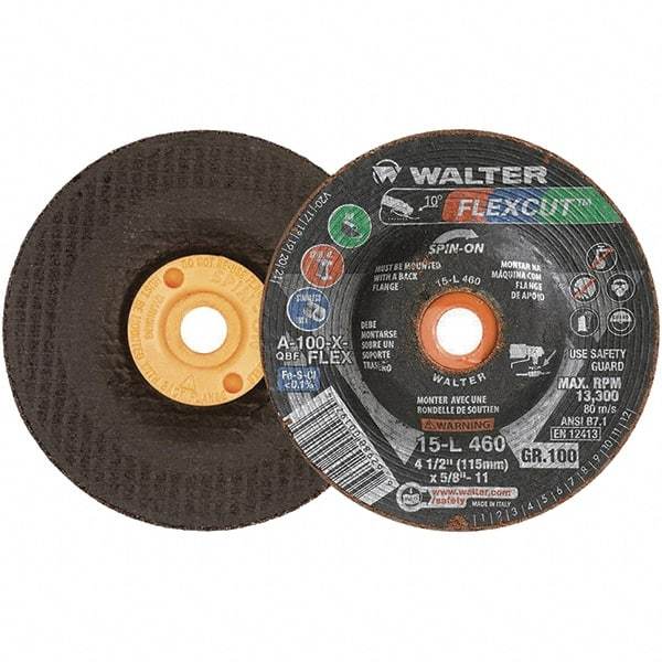 WALTER Surface Technologies - 4-1/2" Diam x 5/8" Hole, 100 Grit Surface Grinding Wheel - Aluminum Oxide, Fine Grade, 13,300 Max RPM - Benchmark Tooling