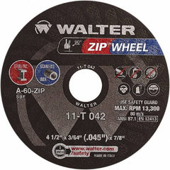 WALTER Surface Technologies - 4-1/2" 60 Grit Aluminum Oxide Cutoff Wheel - 3/64" Thick, 7/8" Arbor, 13,300 Max RPM, Use with Angle Grinders - Benchmark Tooling