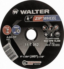 WALTER Surface Technologies - 6" 60 Grit Aluminum Oxide Cutoff Wheel - 3/64" Thick, 7/8" Arbor, 10,200 Max RPM, Use with Angle Grinders - Benchmark Tooling
