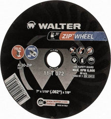 WALTER Surface Technologies - 7" 30 Grit Aluminum Oxide Cutoff Wheel - 1/16" Thick, 7/8" Arbor, 8,600 Max RPM, Use with Angle Grinders - Benchmark Tooling