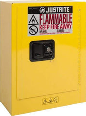 Justrite - 1 Door, 1 Shelf, Yellow Steel Space Saver Safety Cabinet for Flammable and Combustible Liquids - 22" High x 17" Wide x 8" Deep, Manual Closing Door, 2 Gal Capacity - Benchmark Tooling