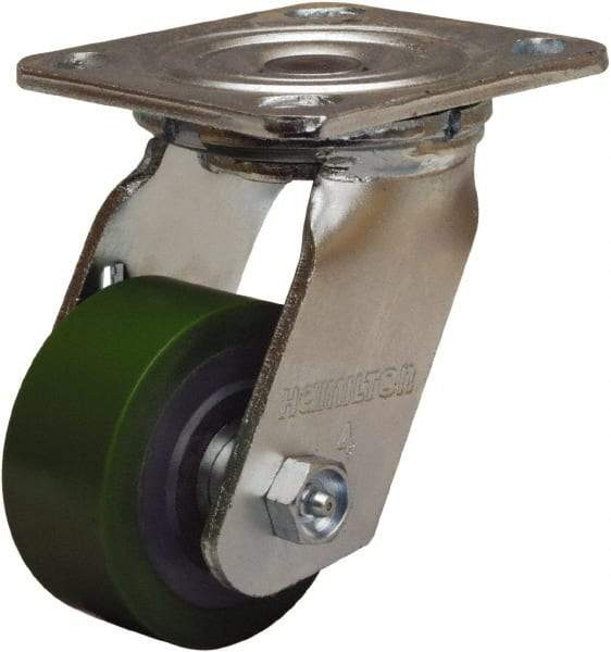 Hamilton - 3-1/4" Diam x 1-1/2" Wide x 5-1/4" OAH Top Plate Mount Swivel Caster - Polyurethane Mold onto Cast Iron Center, 475 Lb Capacity, Straight Roller Bearing, 4 x 4-1/2" Plate - Benchmark Tooling