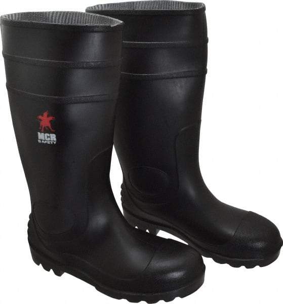 MCR Safety - Men's Size 9 Medium Width Steel Knee Boot - Black, PVC Upper, 16" High, Non-Slip, Waterproof - Benchmark Tooling
