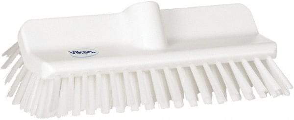 Vikan - 1-1/2" Bristle Length, Polyester Cleaning & Finishing Brush - 9-5/8" Long x 5" Wide Head, 10" OAL, European Threaded Handle, White, Polypropylene Block - Benchmark Tooling