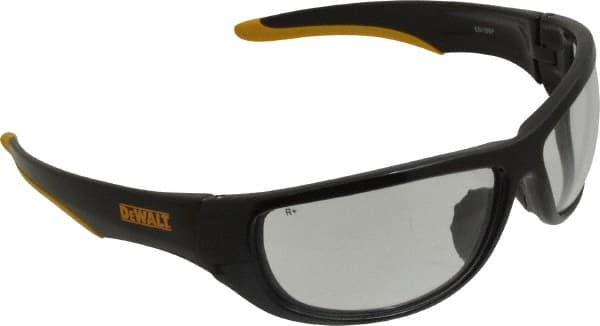 DeWALT - Clear Lenses, Framed Safety Glasses - Scratch Resistant, Black/Yellow Nylon/Rubber Frame, Size Universal, Wrap Around - Benchmark Tooling