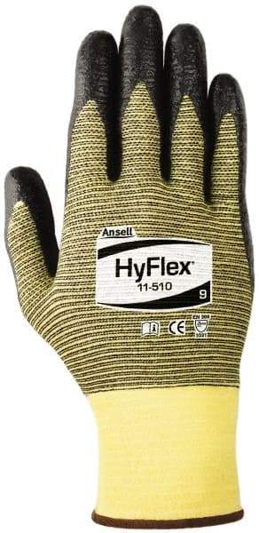 Ansell - Size XS (6), ANSI Cut Lvl 2, Abrasion Lvl 3, Nitrile Coated Cut Resistant Gloves - Palm & Fingers Coated, Kevlar Lining, Knit Wrist, Black/Yellow, Paired - Benchmark Tooling