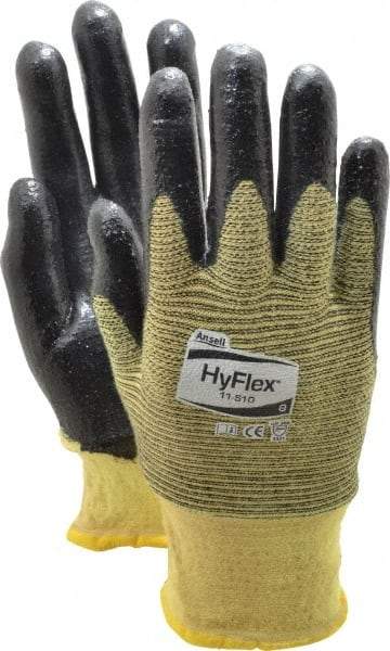Ansell - Size M (8), ANSI Cut Lvl 2, Abrasion Lvl 3, Nitrile Coated Cut Resistant Gloves - Palm & Fingers Coated, Kevlar Lining, Knit Wrist, Black/Yellow, Paired - Benchmark Tooling