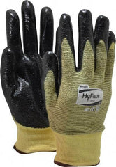 Ansell - Size L (9), ANSI Cut Lvl 2, Abrasion Lvl 3, Nitrile Coated Cut Resistant Gloves - Palm & Fingers Coated, Kevlar Lining, Knit Wrist, Black/Yellow, Paired - Benchmark Tooling