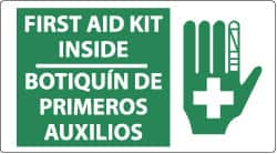 NMC - "First Aid Kit Inside", 10" Long x 18" Wide, Pressure-Sensitive Vinyl Safety Sign - Rectangle, 0.004" Thick, Use for First Aid - Benchmark Tooling