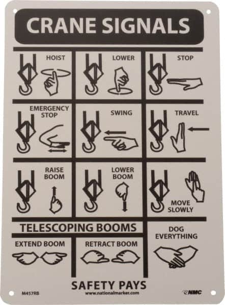 NMC - "Crane Signals", 14" Long x 10" Wide, Rigid Plastic Safety Sign - Rectangle, 0.05" Thick, Use for Accident Prevention - Benchmark Tooling