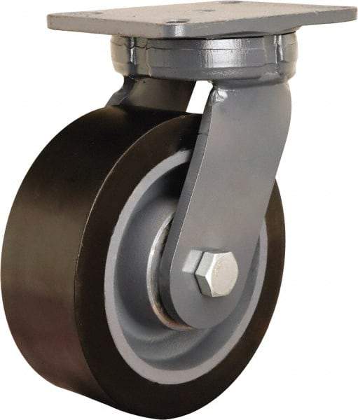 Hamilton - 8" Diam x 3" Wide x 10-1/2" OAH Top Plate Mount Swivel Caster - Polyurethane Mold on Forged Steel, 4,500 Lb Capacity, Precision Ball Bearing, 5-1/4 x 7-1/4" Plate - Benchmark Tooling