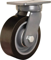 Hamilton - 8" Diam x 3" Wide x 10-1/2" OAH Top Plate Mount Swivel Caster - Polyurethane Mold on Forged Steel, 4,500 Lb Capacity, Tapered Roller Bearing, 5-1/4 x 7-1/4" Plate - Benchmark Tooling