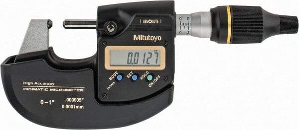 Mitutoyo - 0 to 1" Range, 0" Resolution, Standard Throat, Electronic Outside Micrometer - 0" Accuracy, 0.98" Throat, Ratchet Friction Thimble, CR2032 Battery, Data Output - Benchmark Tooling