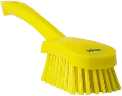 Vikan - 1.3" Bristle Length, Polyester Scrub Brush - 4-1/4" Long x 2-3/4" Wide Head, 10" OAL, Yellow, Polypropylene Block - Benchmark Tooling