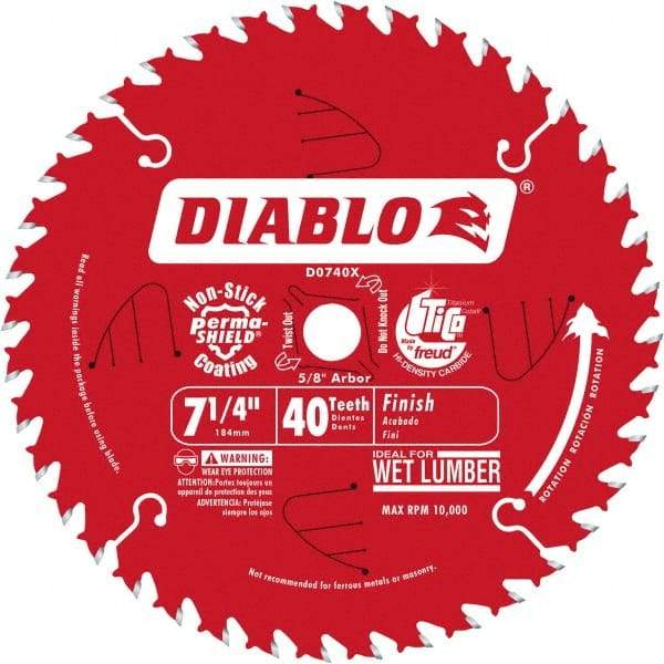 Freud - 7-1/4" Diam, 5/8" Arbor Hole Diam, 40 Tooth Wet & Dry Cut Saw Blade - Carbide-Tipped, Standard Round Arbor - Benchmark Tooling