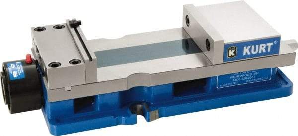 Kurt - 6" Jaw Width, 9" Jaw Opening Capacity, Horizontal Stationary Machine Vise - Hydraulic Operation, 1 Station, 20.568" Long x 4.86" High x 1-47/64" Deep, 1.735" Jaw Height, 12,600 Lb Max Clamp Force, Ductile Iron - Benchmark Tooling