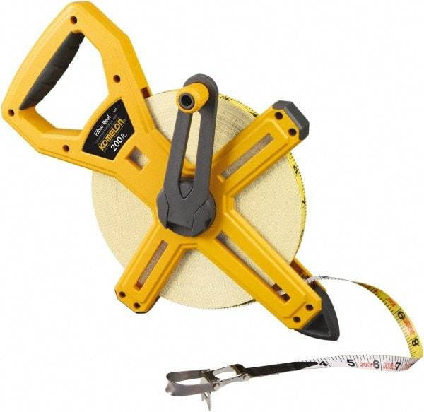 Komelon - 200' x 1/2" Yellow Fiberglass Blade Tape Measure - 1/8" Graduation, Yellow ABS Plastic Case - Benchmark Tooling