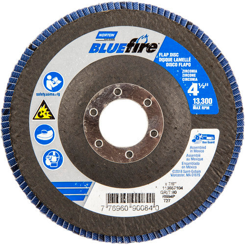 ‎4-1/2 × 7/8″ BlueFire Fiberglass HD Flat Flap Disc Type 27 P80 Grit R884P1 Zirconia Alumina - Benchmark Tooling