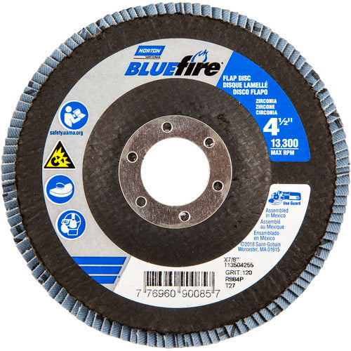 ‎4-1/2 × 7/8″ BlueFire Fiberglass HD Flat Flap Disc Type 27 P120 Grit R884P2 Zirconia Alumina - Benchmark Tooling