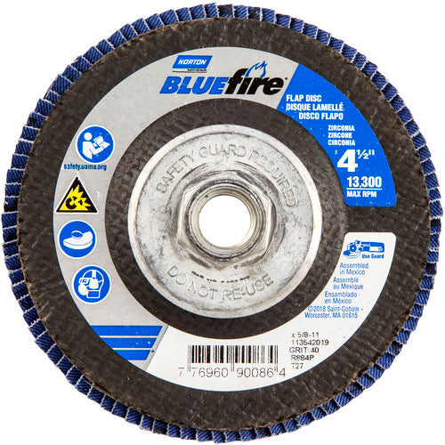 ‎4-1/2 × 5/8 - 11″ BlueFire Fiberglass HD Flat Flap Disc Type 27 P40 Grit R884P1 Zirconia Alumina - Benchmark Tooling