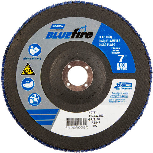 7 × 7/8″ BlueFire Fiberglass HD Flat Flap Disc Type 27 P40 Grit R884P1 Zirconia Alumina - Benchmark Tooling