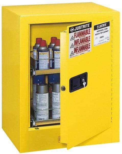 Justrite - 1 Door, 2 Shelf, Yellow Steel Bench Top Safety Cabinet for Flammable and Combustible Liquids - 27" High x 21" Wide x 18" Deep, Manual Closing Door, 4 Gal Capacity - Benchmark Tooling