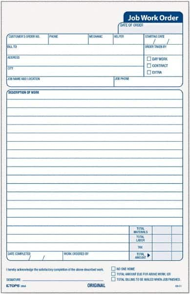 TOPS - 50 Sheet, 5-1/2 x 8-1/2", Work Order Pad - White - Benchmark Tooling