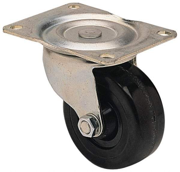 Albion - 3" Diam x 1-1/4" Wide x 3-13/16" OAH Top Plate Mount Swivel Caster - Hard Rubber, 270 Lb Capacity, Self-Lubricating Bearing, 3-1/8 x 4-1/8" Plate - Benchmark Tooling