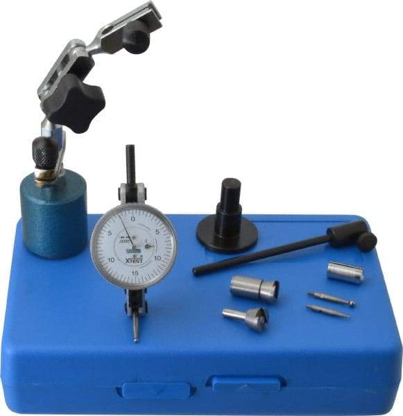 Fowler - 9 Piece, 0" to 0.06" Measuring Range, 1-1/2" Dial Diam, 0-15-0 Dial Reading, Horizontal White Dial Test Indicator Kit - 0.08" Ball Diam, 0.0005" Dial Graduation - Benchmark Tooling