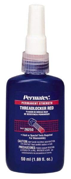 Permatex - 50 mL Bottle, Red, High Strength Liquid Threadlocker - Series 262, 24 hr Full Cure Time, Hand Tool, Heat Removal - Benchmark Tooling