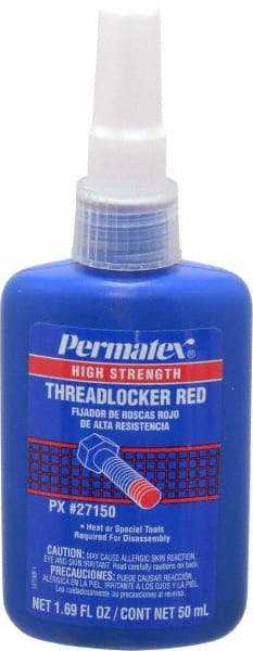 Permatex - 50 mL Bottle, Red, High Strength Liquid Threadlocker - Series 271, 24 hr Full Cure Time, Hand Tool, Heat Removal - Benchmark Tooling