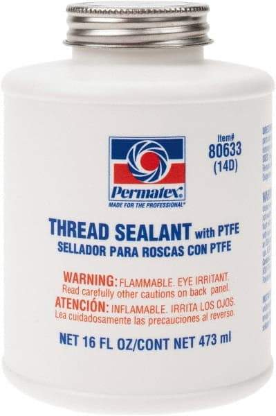 Permatex - 16 oz Brush Top Can White Thread Sealant - PTFE Based, 300°F Max Working Temp, For Use with Fittings - Benchmark Tooling