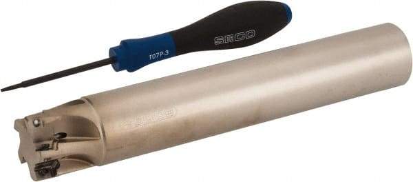 Seco - 1-1/4" Cut Diam, 0.354" Max Depth of Cut, 1-1/4" Shank Diam, 7.677" OAL, Indexable Square Shoulder End Mill - XO.X 10T3.. Inserts, Cylindrical Shank, 90° Lead Angle, Through Coolant, Series Turbo 10 - Benchmark Tooling