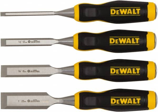 DeWALT - 4 Piece Wood Chisel Set - 11-29/32" OAL, High-impact Polypropylene & Rubber, Sizes Included 1/4 to 1" - Benchmark Tooling