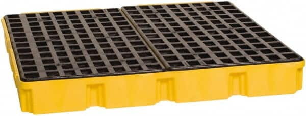 Eagle - 61 Gal Sump, 10,000 Lb Capacity, 4 Drum, Polyethylene Platform - 52-1/2" Long x 51-1/2" Wide x 6-1/2" High, Yellow, Liftable Fork, Drain Included, Low Profile, Vertical, 2 x 2 Drum Configuration - Benchmark Tooling