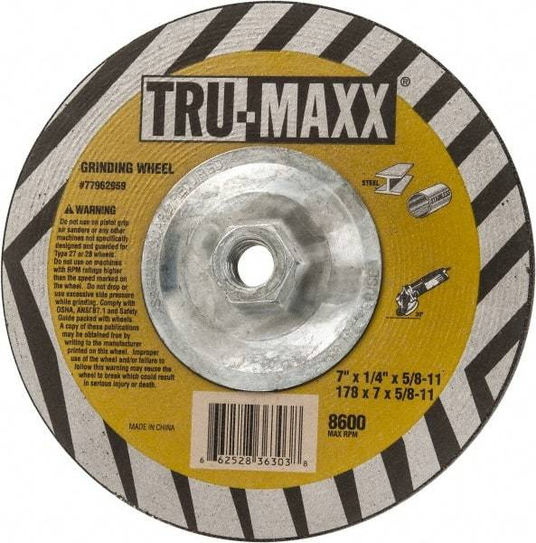 Tru-Maxx - 7" Wheel Diam, 1/4" Wheel Thickness, Type 27 Depressed Center Wheel - Aluminum Oxide, 8,600 Max RPM, Compatible with Angle Grinder - Benchmark Tooling