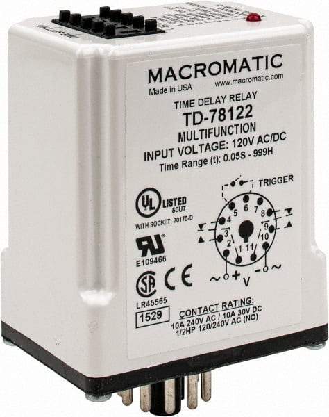 Macromatic - 11 Pin, 999 hr Delay, Multiple Range DPDT Time Delay Relay - 10 Contact Amp, 120 VAC/VDC, Pushbutton Thumbwheel - Benchmark Tooling