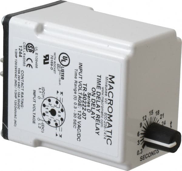 Macromatic - 8 Pin, Multiple Range DPDT Time Delay Relay - 10 Contact Amp, 120 VAC/VDC, Knob - Benchmark Tooling