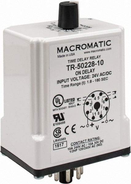 Macromatic - 8 Pin, Multiple Range DPDT Time Delay Relay - 10 Contact Amp, 24 VAC/VDC, Knob - Benchmark Tooling