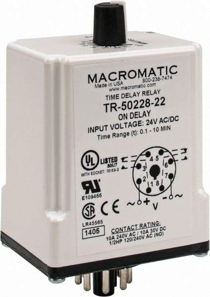 Macromatic - 8 Pin, 10 min Delay, Multiple Range DPDT Time Delay Relay - 10 Contact Amp, 24 VAC/VDC, Knob - Benchmark Tooling