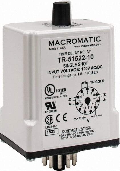 Macromatic - 11 Pin, Multiple Range DPDT Time Delay Relay - 10 Contact Amp, 120 VAC/VDC, Knob - Benchmark Tooling